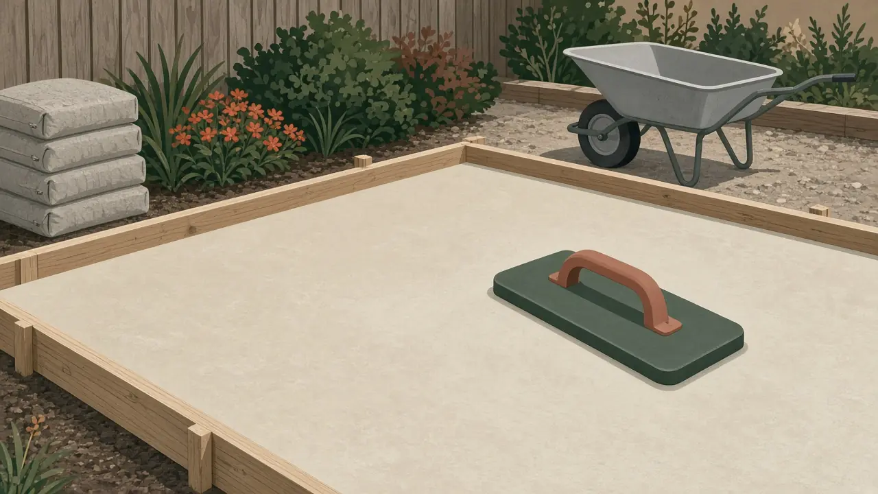 Illustration of a freshly poured concrete slab inside wooden forms, with a hand float resting on the surface, stacked bags of concrete mix and a wheelbarrow nearby.