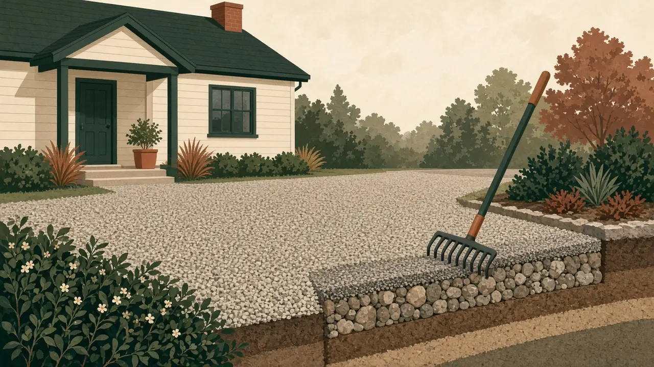 Illustration of a gravel driveway in front of a house, with a cut-away edge showing larger base stone and soil beneath the surface gravel, and a rake leaning on it.