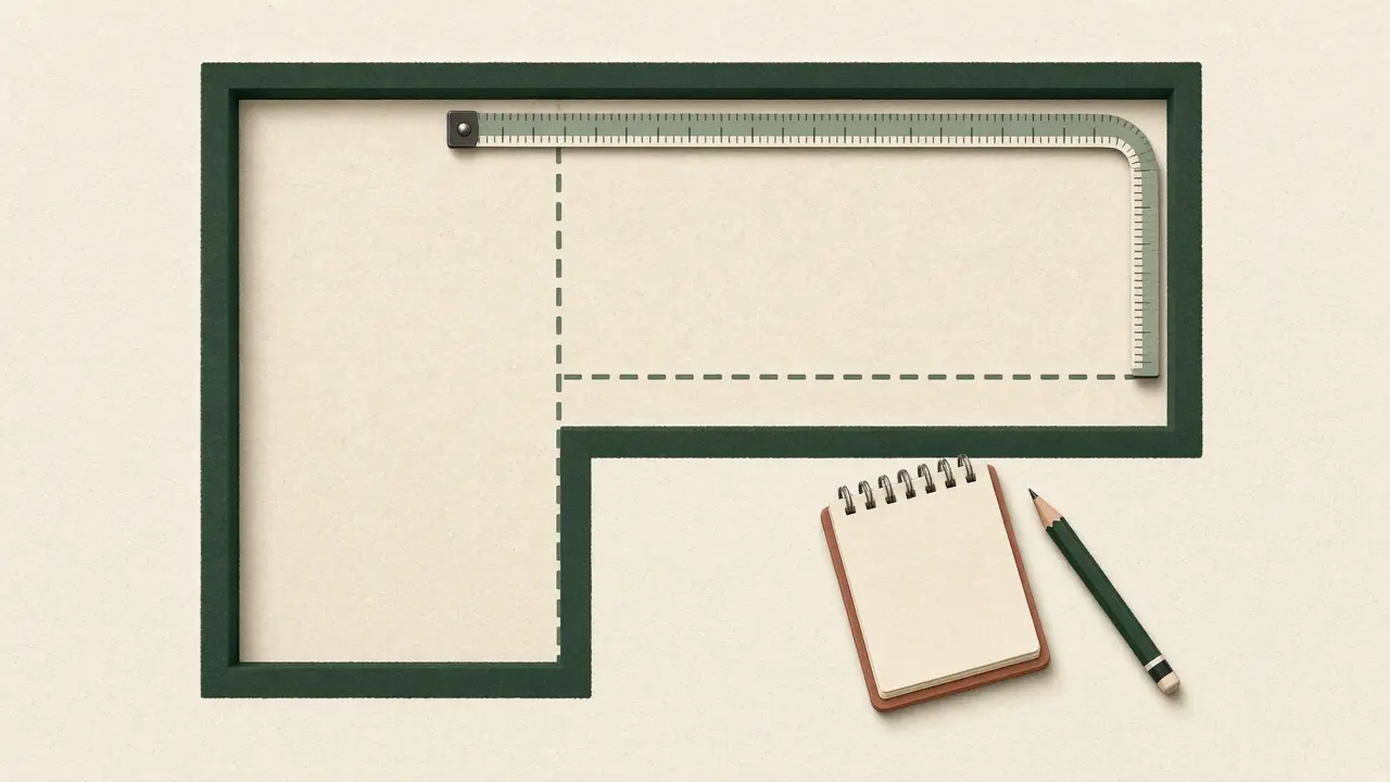 Illustration of an L-shaped room outline divided into two rectangles by a dashed line, with a tape measure along one wall and a notepad and pencil beside it.