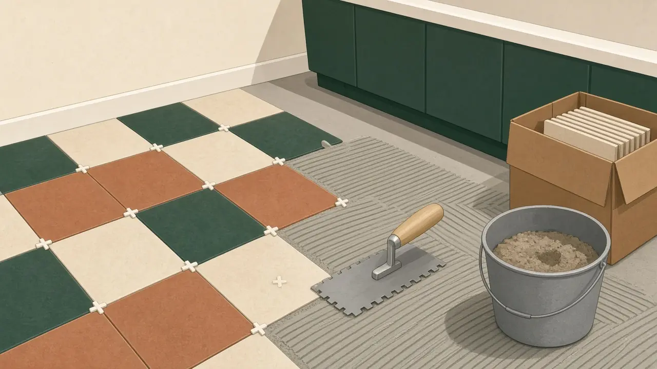 Illustration of floor tiles being laid on notched thinset with spacers between them, next to a notched trowel, a bucket of mortar mix and an open box of tiles.